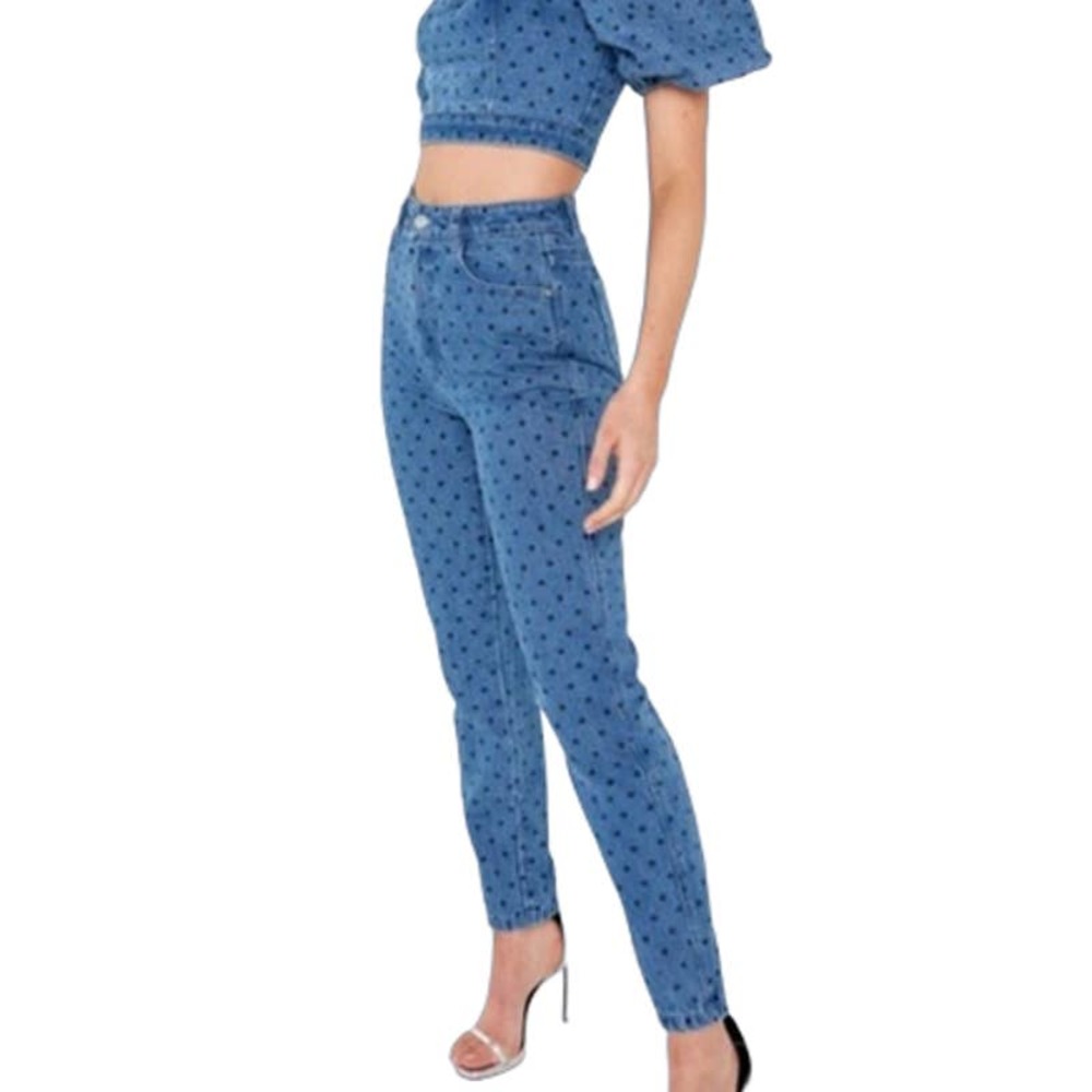 Mossman Tainted Love Polka Dot Denim Jeans Blue Women's 2 NWOT